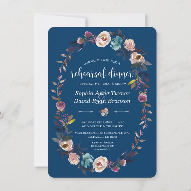 Chic Gold Navy Blue White Floral Rehearsal Dinner Invitation (Front)