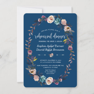 Chic Gold Navy Blue White Floral Rehearsal Dinner Invitation