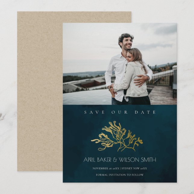 CHIC GOLD NAVY  SEAWEED SAVE THE DATE PHOTO INVITE (Front/Back)