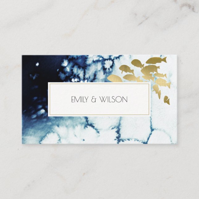 CHIC GOLD NAVY UNDERWATER SEA FISH WEDDING WEBSITE BUSINESS CARD (Front)