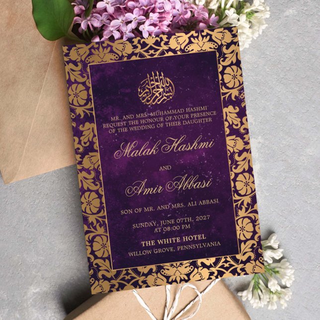 Chic Gold Oriental Purple Islamic Muslim wedding Invitation (Creator Uploaded)