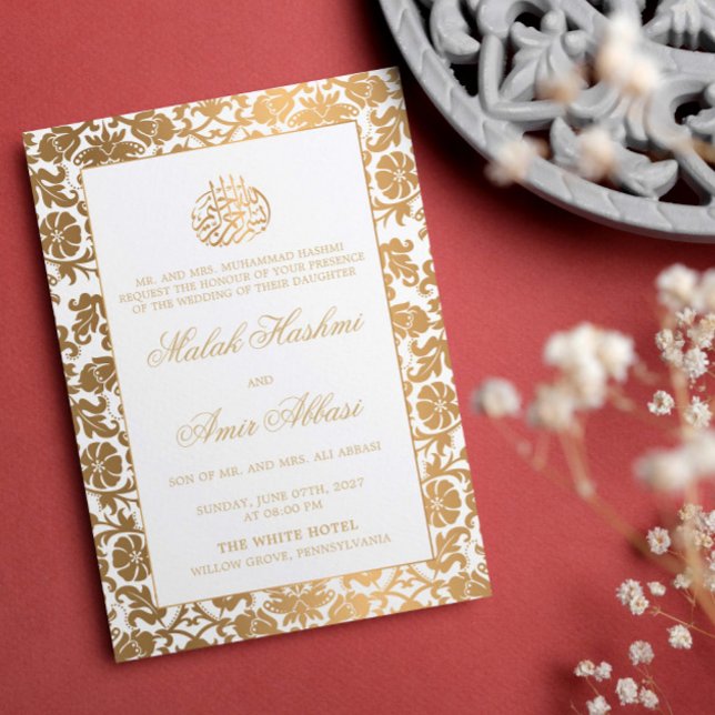 Chic Gold Oriental White Islamic Muslim wedding Invitation (Creator Uploaded)