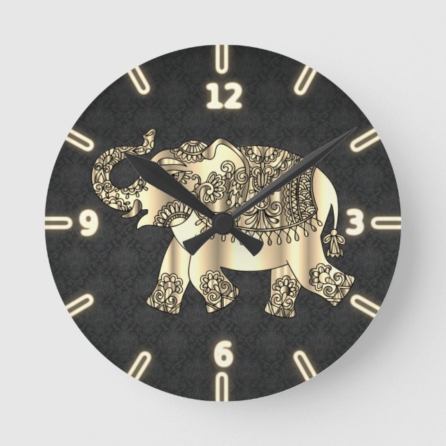 Chic Gold Paisley Floral Elephant,Black Damask Round Clock (Front)