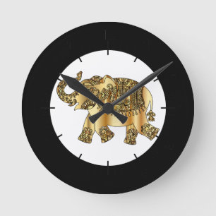 Chic Gold Paisley Floral Elephant, Round Clock