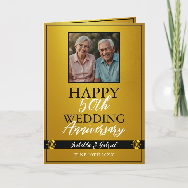 Chic Gold Parents Photo 50th Anniversary Card (Front)