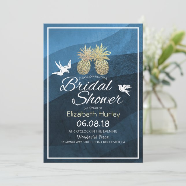 Chic Gold Pineapple Couple Blue Wave Bridal Shower Invitation (Standing Front)