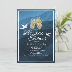 Chic Gold Pineapple Couple Blue Wave Bridal Shower Invitation