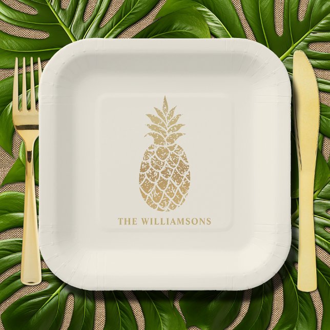 Chic Gold Pineapple  Paper Plate (Chic gold pineapple personalized square ivory paper plates)