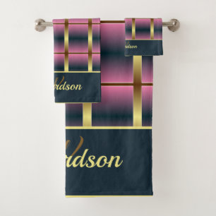 Chic Gold, Pink And Navy Chequered Monogrammed Bath Towel Set
