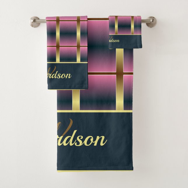 Chic Gold, Pink And Navy Chequered Monogrammed Bath Towel Set (Insitu)