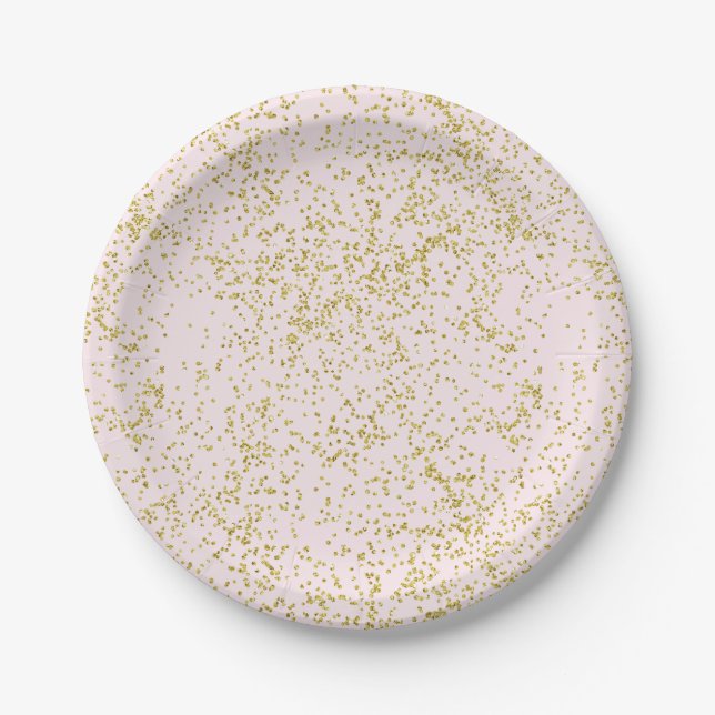 Chic Gold Pink Blush Confetti Sparkle Paper Plate (Front)