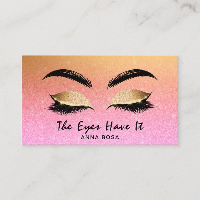 *~* Chic Gold Pink Peach Lashes Extensions Brows Business Card (Front)