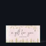 Chic gold pink snow pine logo gift certificate<br><div class="desc">Modern logo gift certificate with this luxury chic yellow gold glitter snowflakes sparkles and glitter pine tree forest on an elegant festive faux pastel blush pink metallic background,  featuring a modern cool script font typography. Perfect gift for anyone! Add your logo.</div>