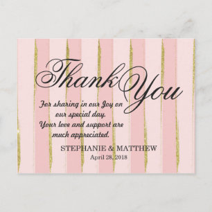 Chic Gold Pink Stripes Thank You Postcards