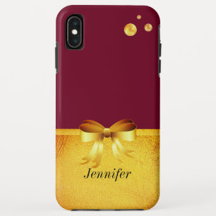 Chic gold polka dots, golden ribbon on burgundy iPhone XS max case