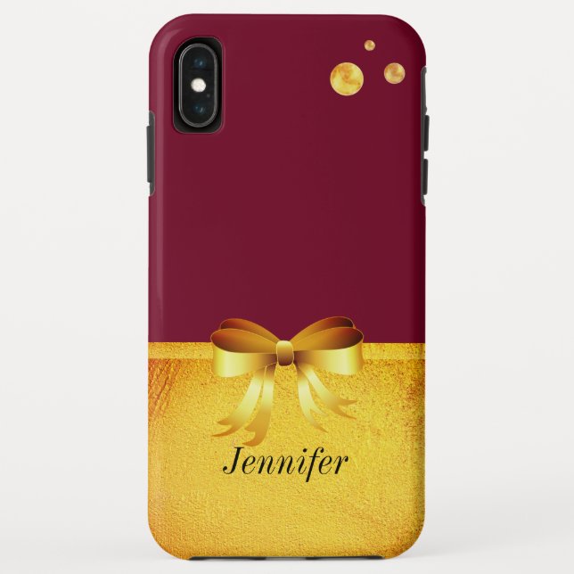 Chic gold polka dots, golden ribbon on burgundy Case-Mate iPhone case (Back)