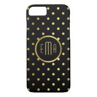 Chic Gold Polka Dots on Black with Monogram