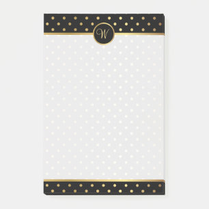Chic Gold Polka Dots on Black with Your Monogram Post-it Notes