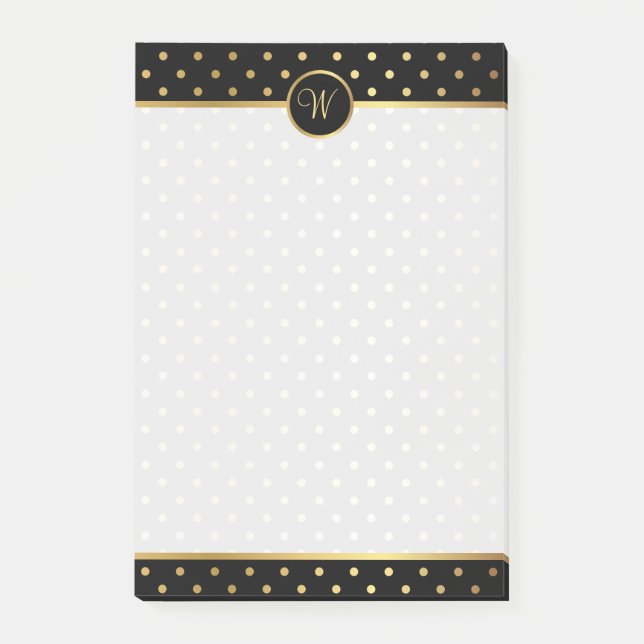 Chic Gold Polka Dots on Black with Your Monogram Post-it Notes (Front)