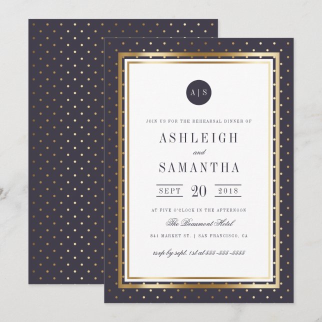 Chic Gold Polka Dots & Purple Rehearsal Dinner Invitation (Front/Back)