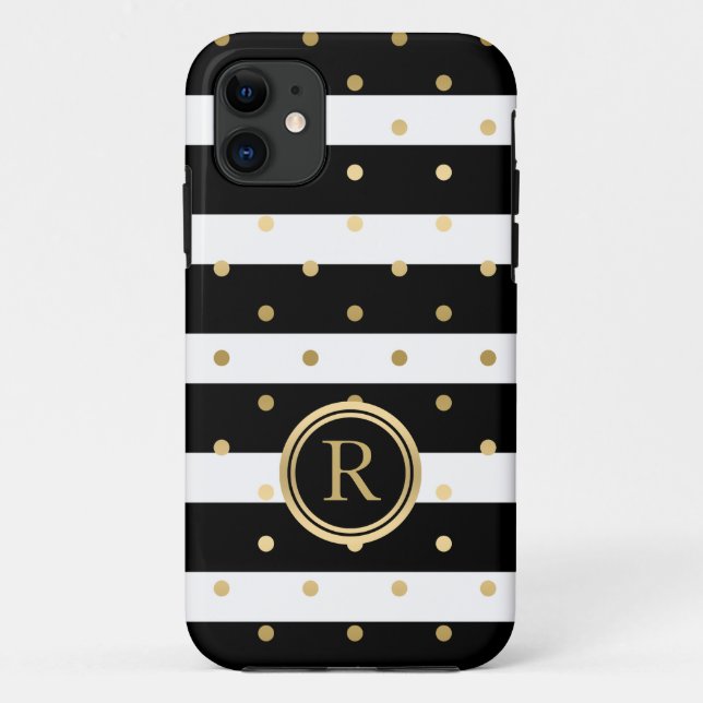 Chic Gold-Polka Dots With Black & White Stripes Case-Mate iPhone Case (Back)