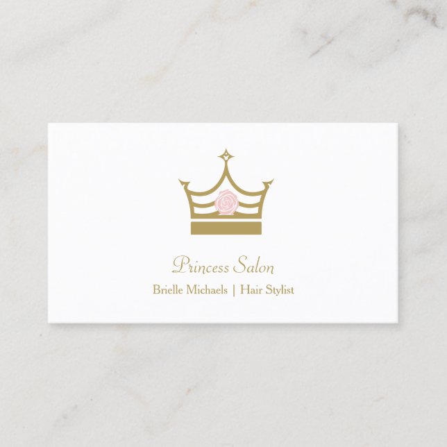 Chic Gold Princess Crown Pink Rose Hair Stylist Business Card (Front)