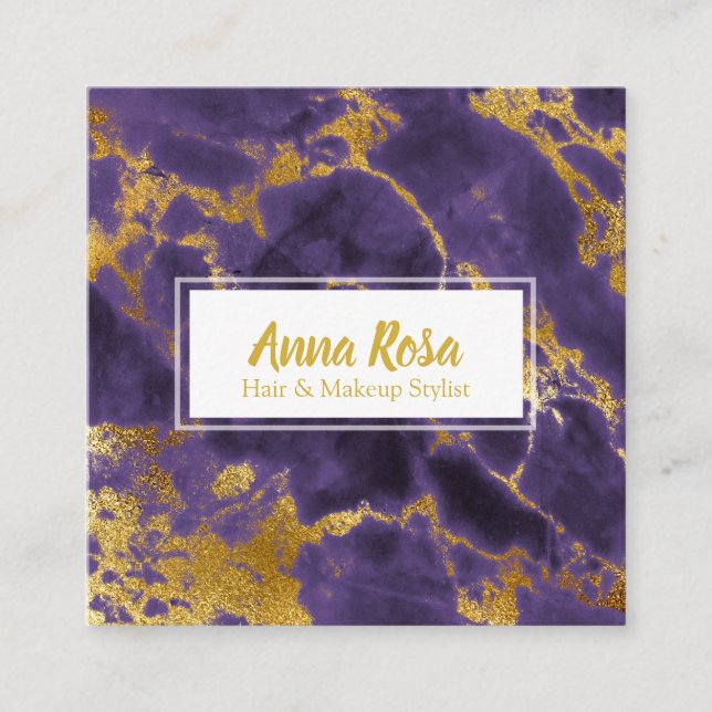 *~* Chic Gold Purple Marble Girly Makeup Popular Square Business Card (Front)