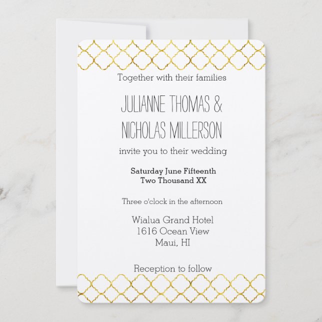 Chic Gold Quatrefoil Wedding Invitation (Front)