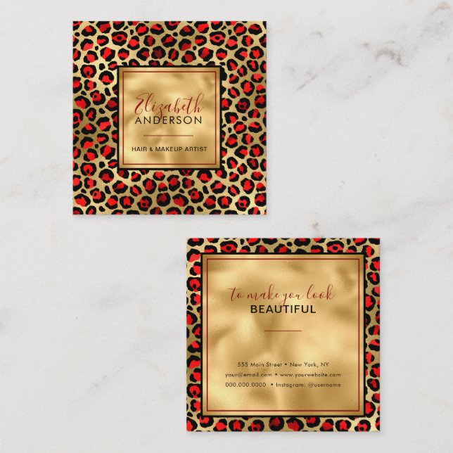 Chic Gold Red Leopard Print Fashion Modern Square Business Card (Front/Back)