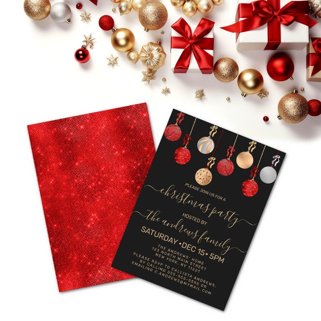 Chic Gold Red Silver Glitter Ornaments Christmas Invitation (Creator Uploaded)