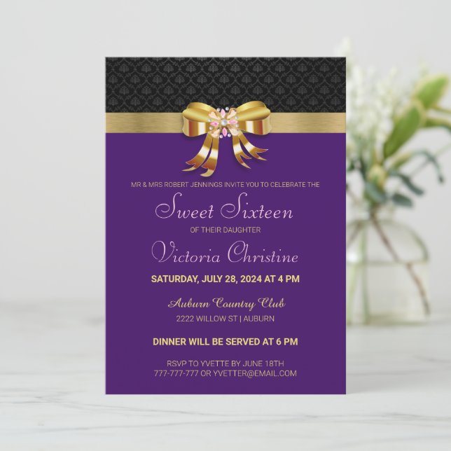 Chic Gold Ribbon Birthday Invitation (Standing Front)