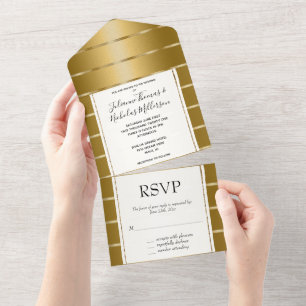 Chic Gold Ribbon Wedding All In One Invitation