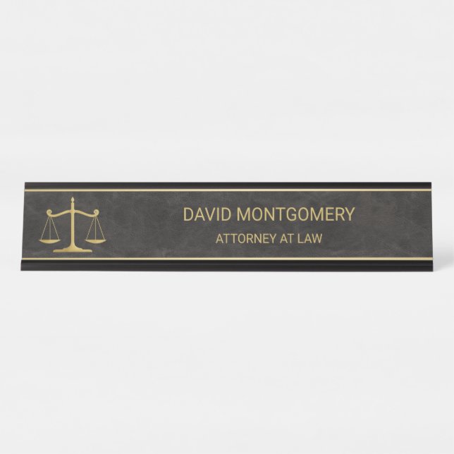 Chic Gold Scales of Justice Black Leather Lawyer Desk Name Plate (Front)