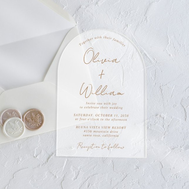 Chic Gold Script Arch Wedding Frosted Acrylic Invitations (Start your forever with elegant arch-shaped acrylic invitations for a timeless Happily Ever After)