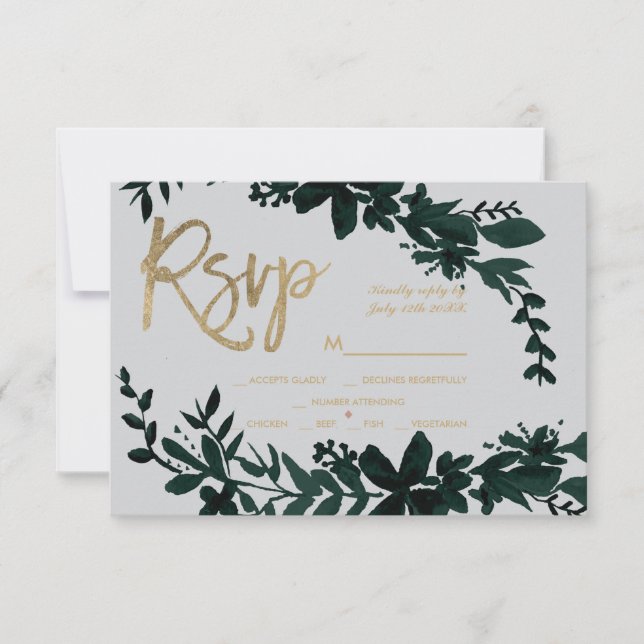Chic gold script Floral green grey rsvp wedding (Front)
