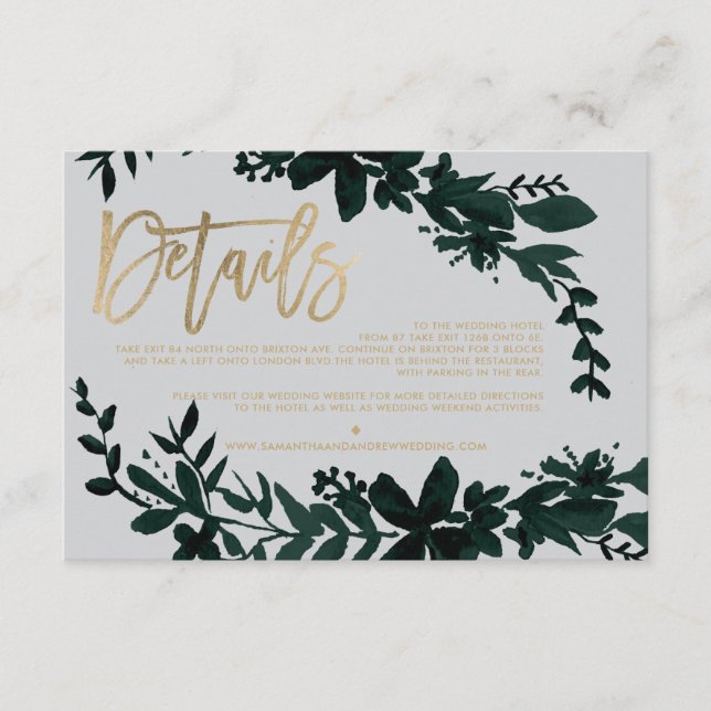 Chic gold script Floral grey wedding direction Enclosure Card (Front)