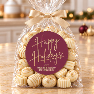 Chic Gold Script Happy Holidays Cranberry Classic Round Sticker