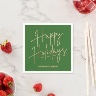 Chic Gold Script Happy Holidays Green Napkin