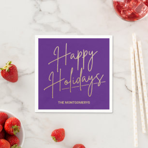 Chic Gold Script Happy Holidays Purple Napkin