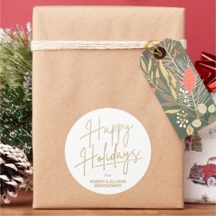 Chic Gold Script Happy Holidays White Classic Round Sticker