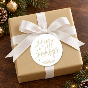 Chic Gold Script Happy Holidays White Classic Round Sticker