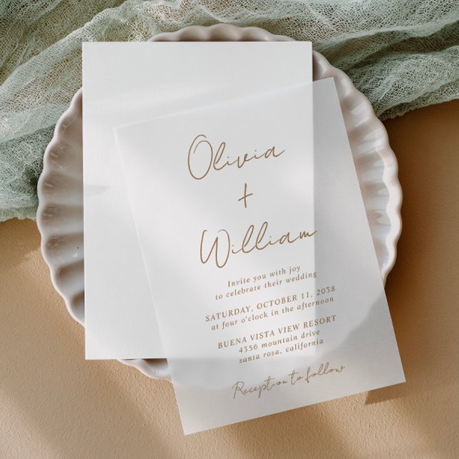 Chic Gold Script Minimalist Wedding Vellum Invitations (Elevate your wedding invitations with the timeless beauty of vellum overlays)