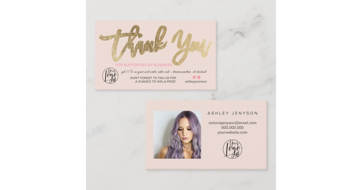 Chic gold script photo logo pink order thank you business card | Zazzle