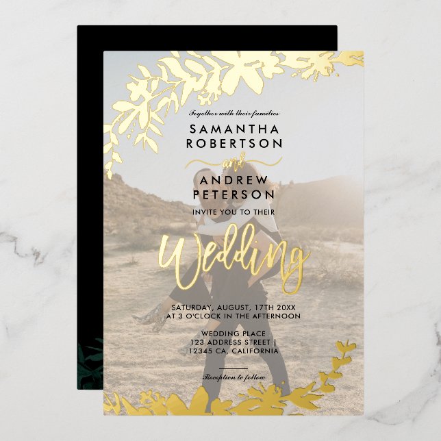 Chic  gold script typography Floral photo wedding (Front/Back)