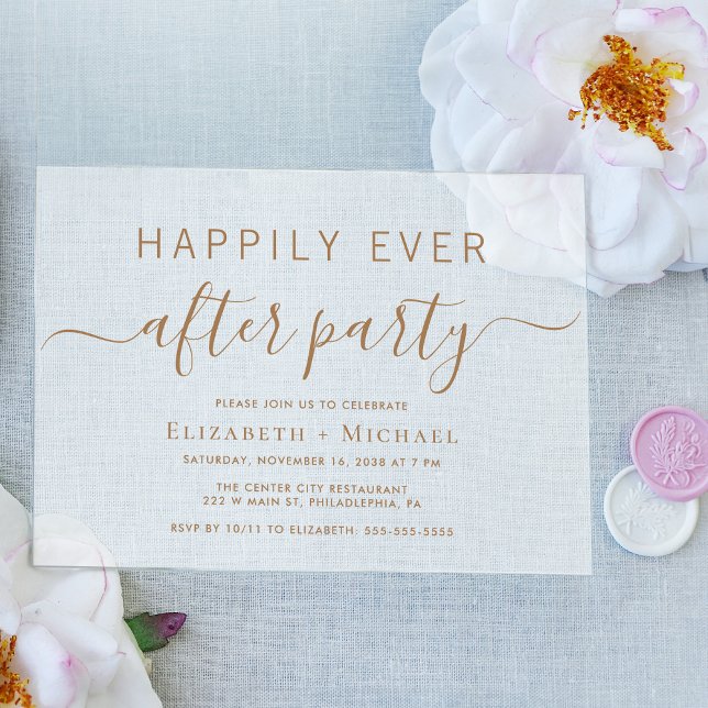 Chic Gold Script Wedding After Party Frosted Acrylic Invitations (Celebrate your Happily Ever After in style with our elegant acrylic wedding reception invitations)