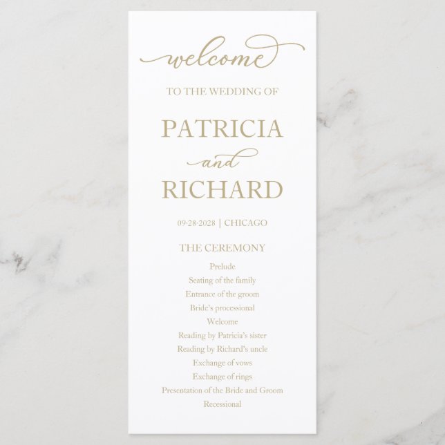 Chic Gold Script Wedding Ceremony Program Programme (Front)