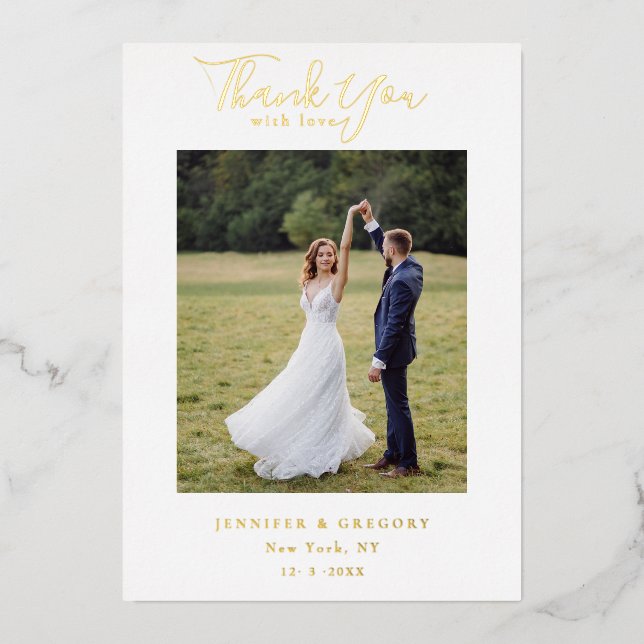 Chic Gold Script Wedding Photo Thank You Foil Holiday Card (Front)