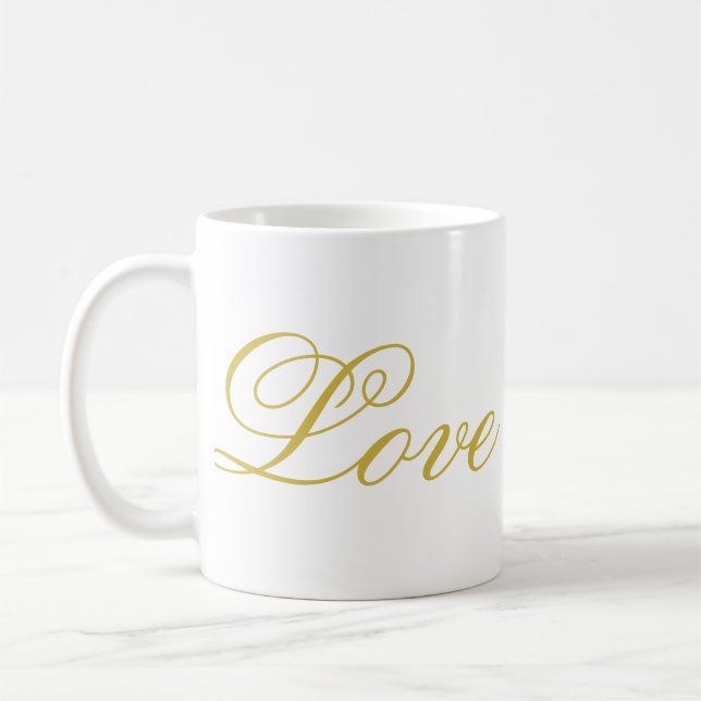 Chic Gold Script White Love Wedding Calligraphy Coffee Mug (Left)