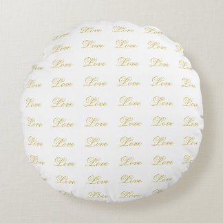 Chic Gold Script White Love Wedding Calligraphy Round Cushion