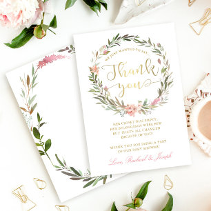 Chic Gold Script Wreath Baby Shower Thank You Card